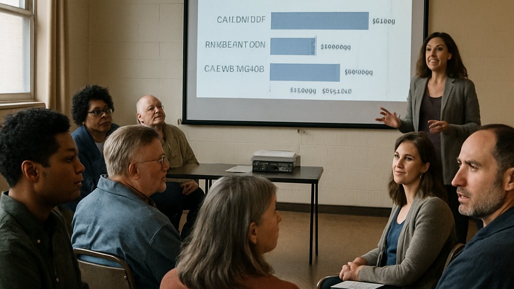 AI Political Funding voters discussing campaign spending transparency at a civic meeting