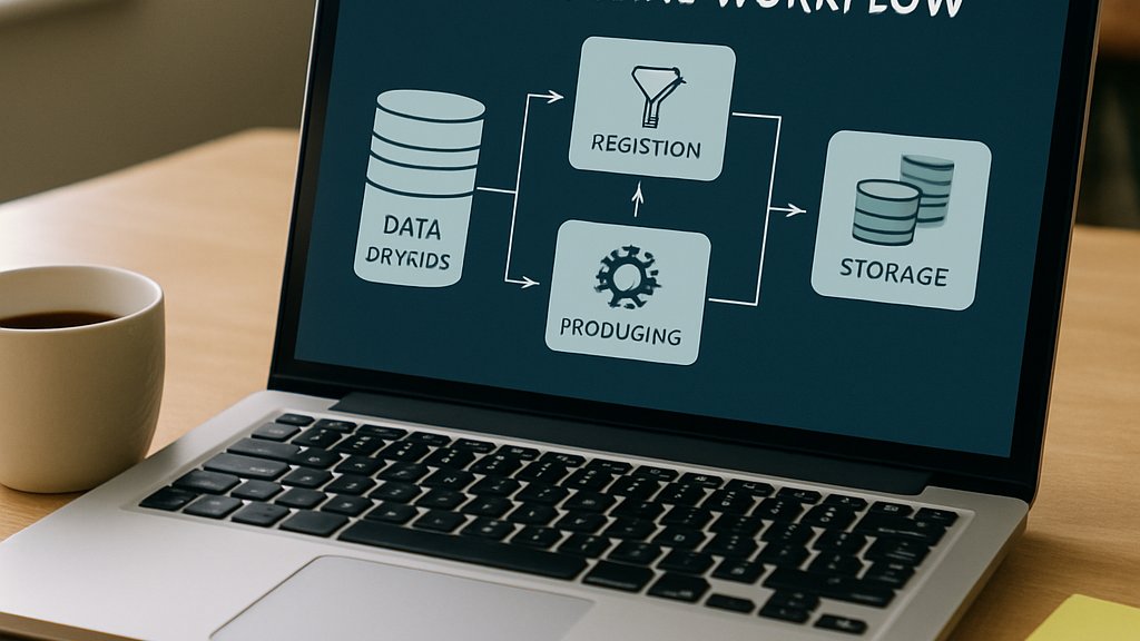 Laptop displaying AI Data Engineering pipeline workflow and quality checks
