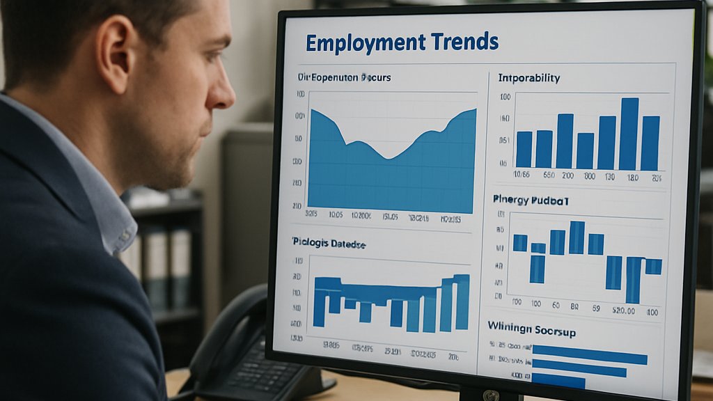 Office analyst studying AI Labor Impact workforce trends dashboard