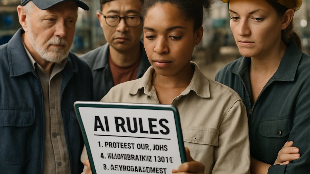 Employees review Worker AI Protection rules in a real workplace