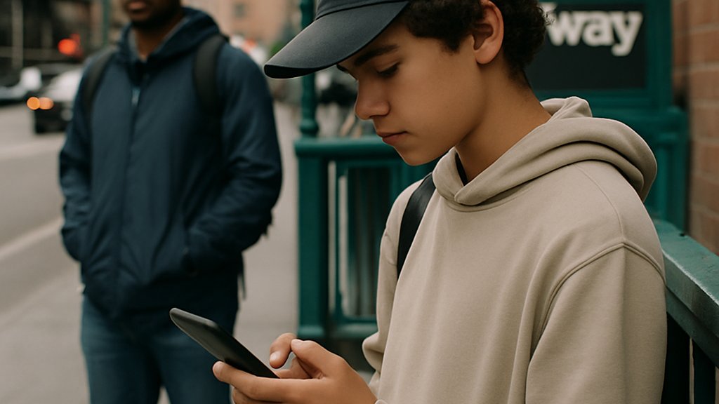 Teen and guardian near subway with Chatbot Safety Regulations context