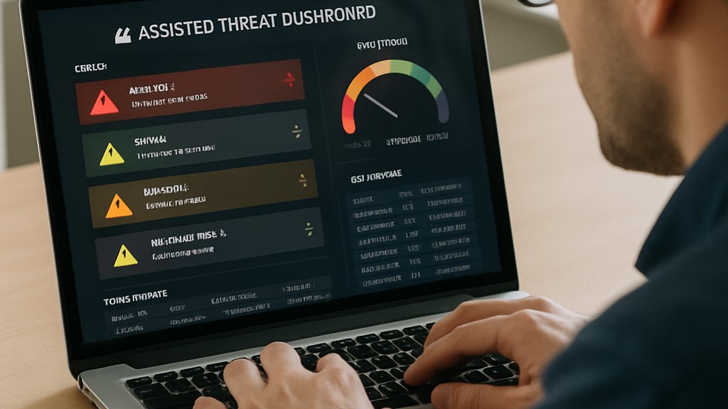 cybersecurity AI analyst reviewing automated alerts on a dashboard