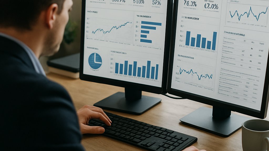 Business analyst reviewing enterprise analytics dashboards and KPI metrics