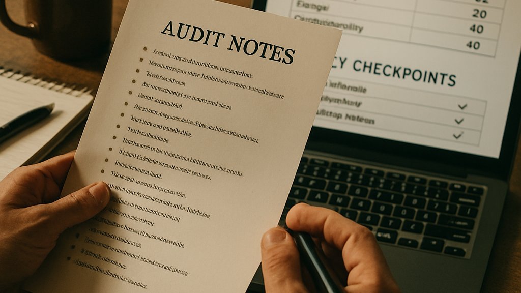 Compliance analyst reviewing AI ethics audit notes and scores