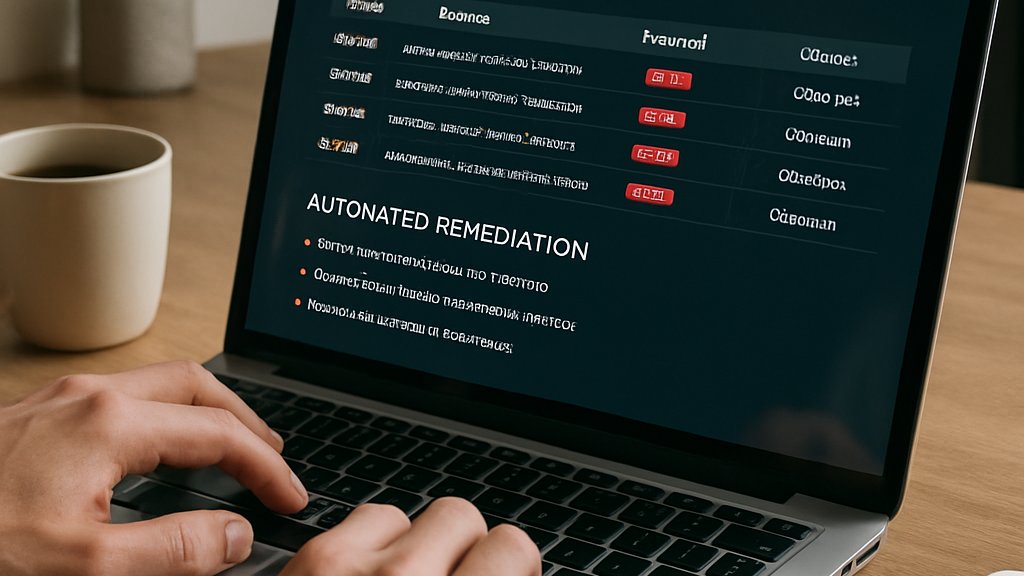 Laptop screen showing Container Security Automation incident logs and remediation