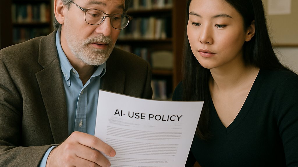 Professor and student discussing Higher Education AI policies on campus