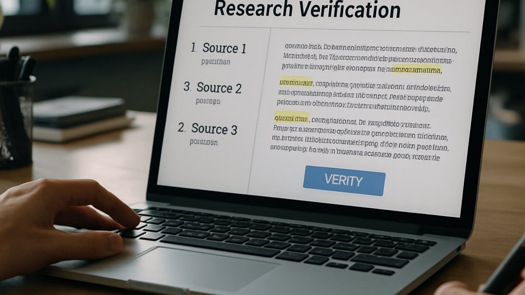 AI Source Attribution citation verifier on laptop in modern office