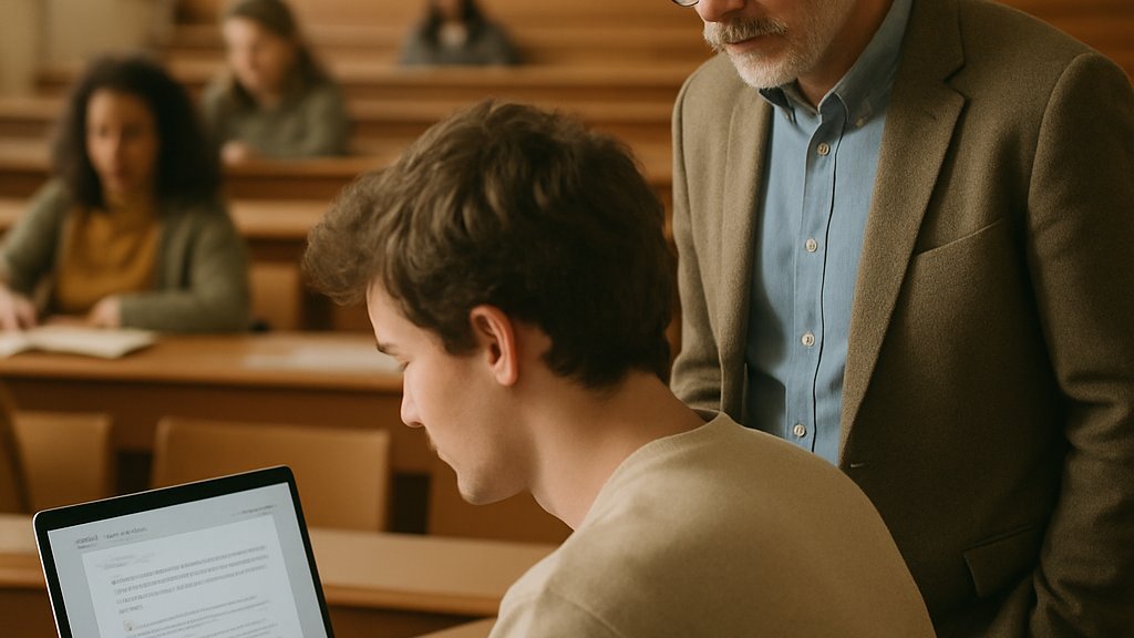 Student using AI Learning Assistants in a university classroom during assessment