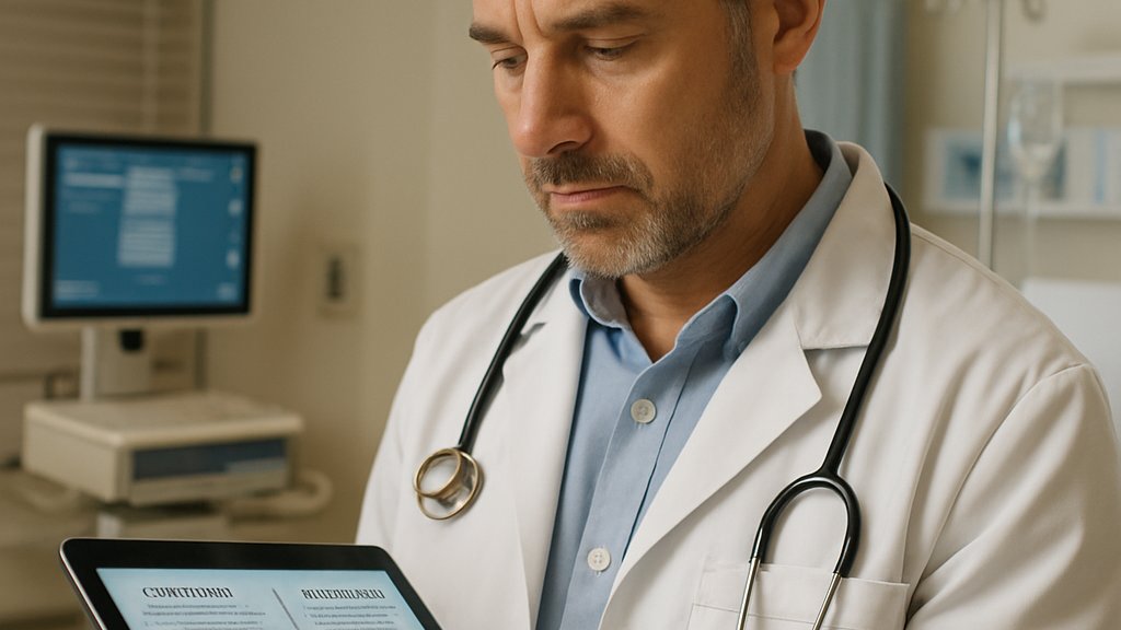 Physician comparing AI outputs for Medical AI Safety in a hospital setting
