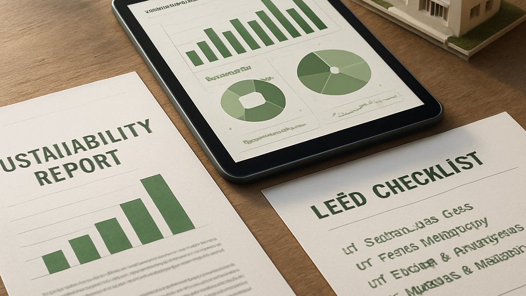 LEED Compliance AI dashboard and green building audit materials on desk