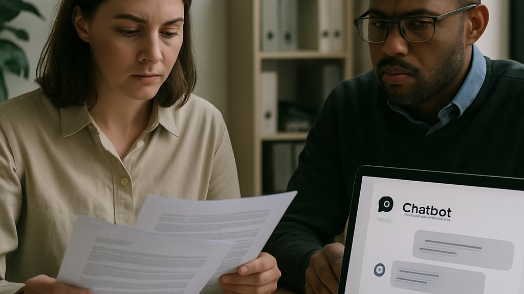 Team reviewing compliance documents for AI chatbot law requirements