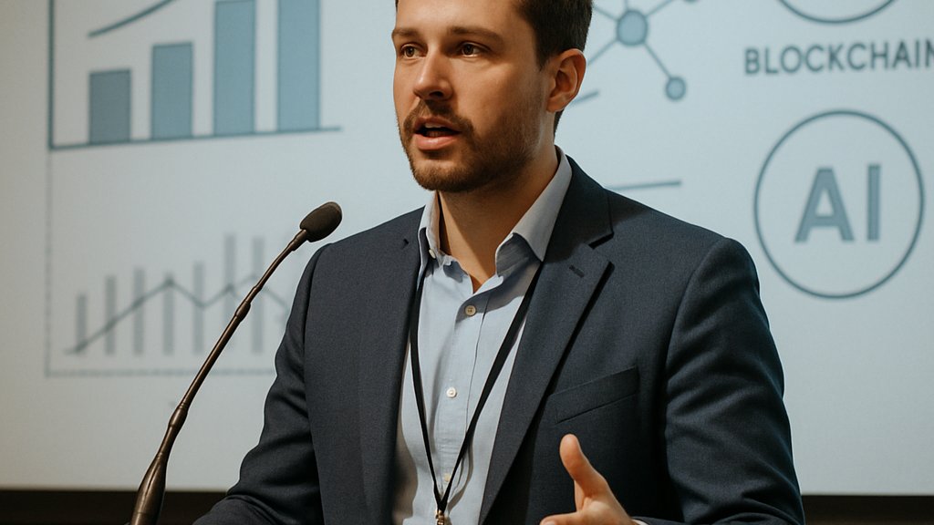 Speaker presenting AI Blockchain Innovation insights at a Toronto conference