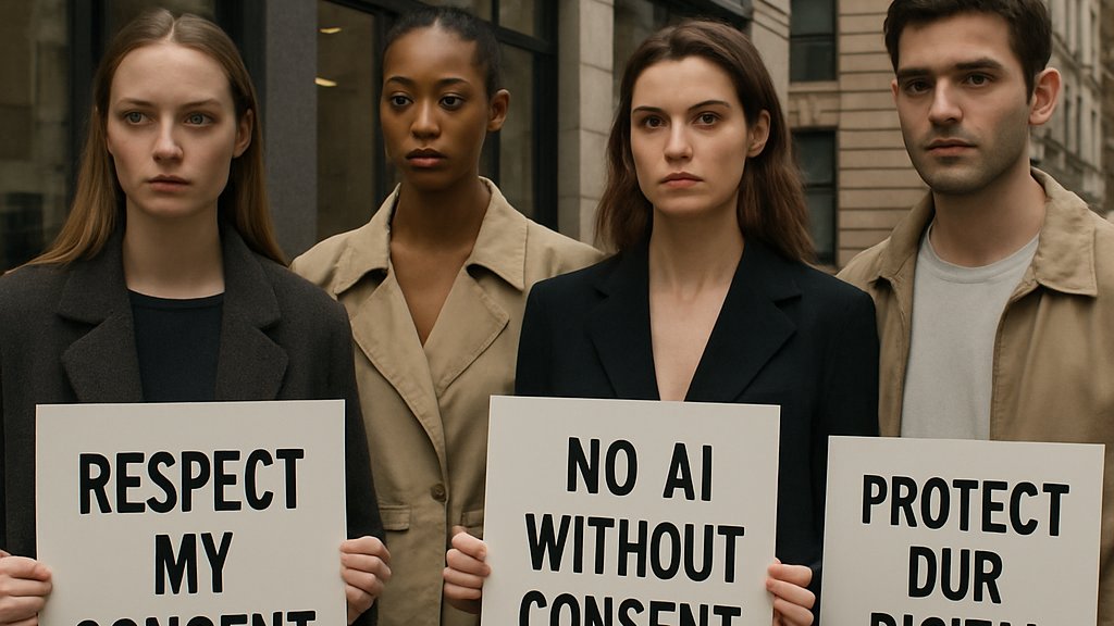 Protesters demanding rights over AI model replicas in fashion