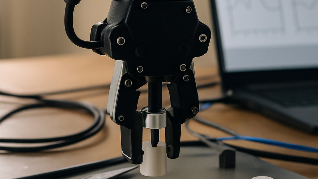 Robot Policy Scaling test rig with robotic gripper and control graphs