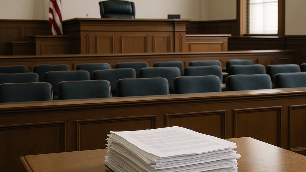 AI Copyright Lawsuit courtroom scene with legal filings and bench