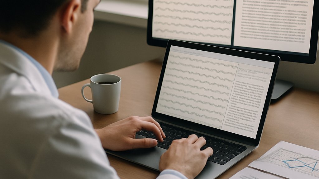 Scientist analyzing brain AI text dataset and decoding results on laptop