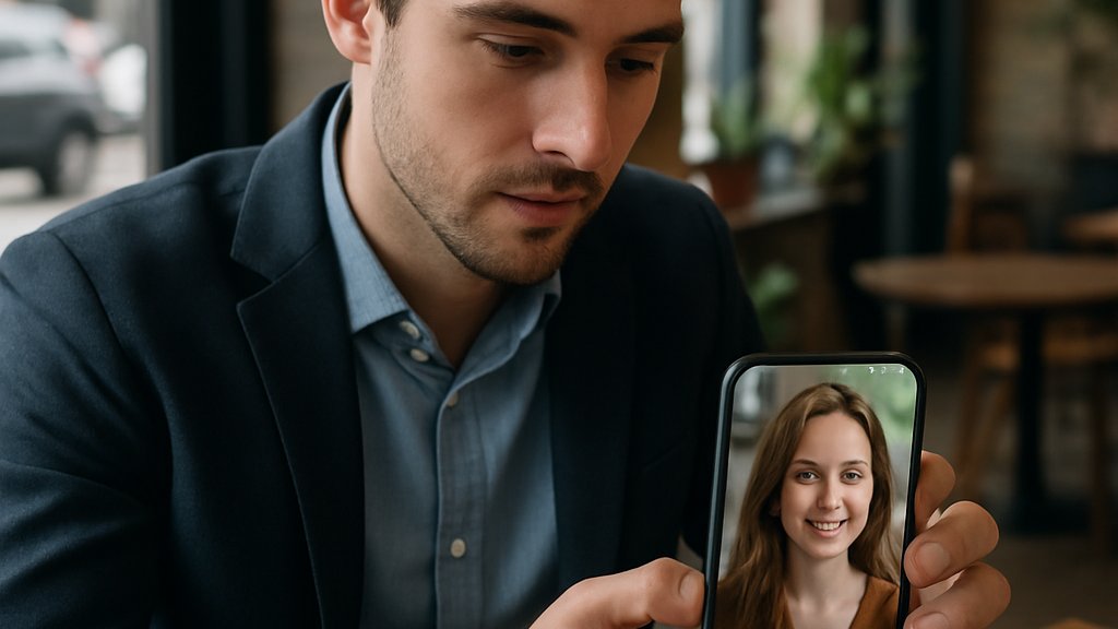 AI Dating Platform app browsing with voice-based matchmaking in a cafe