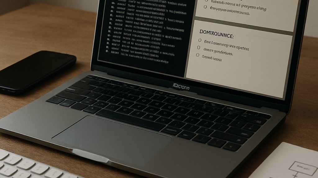 Developer desk with Payment Coding Benchmark API logs and governance notes