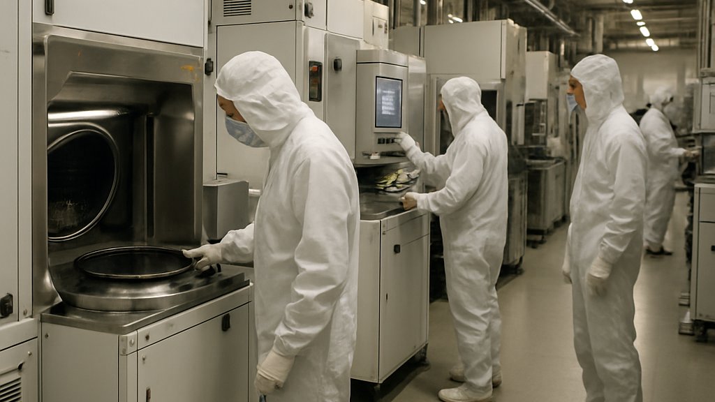 AI Chip Strategy in semiconductor fab with technicians and wafer equipment