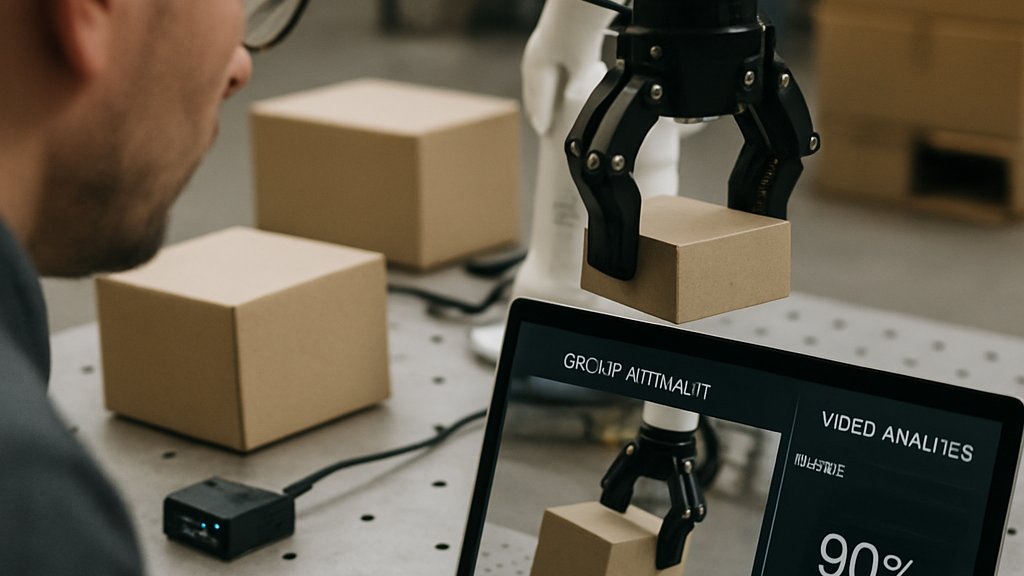 Video Robot Learning engineer reviewing feasibility gating results on a laptop