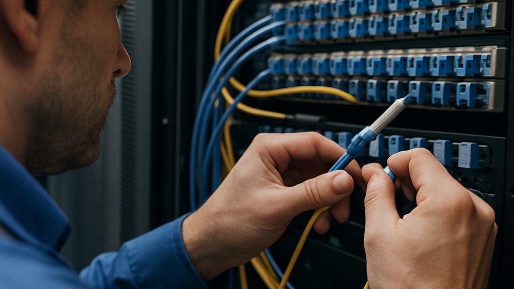 Optical Network Automation technician working with fiber connections in a data center