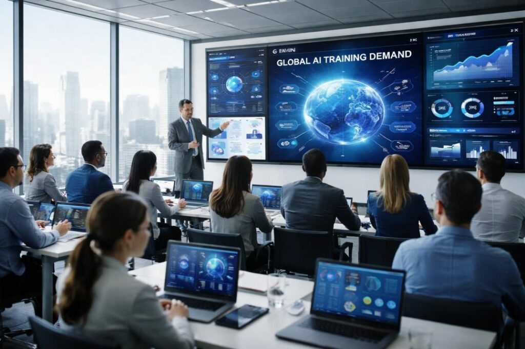 Professionals participating in Global AI Training Demand workshop with Google Gemini visuals