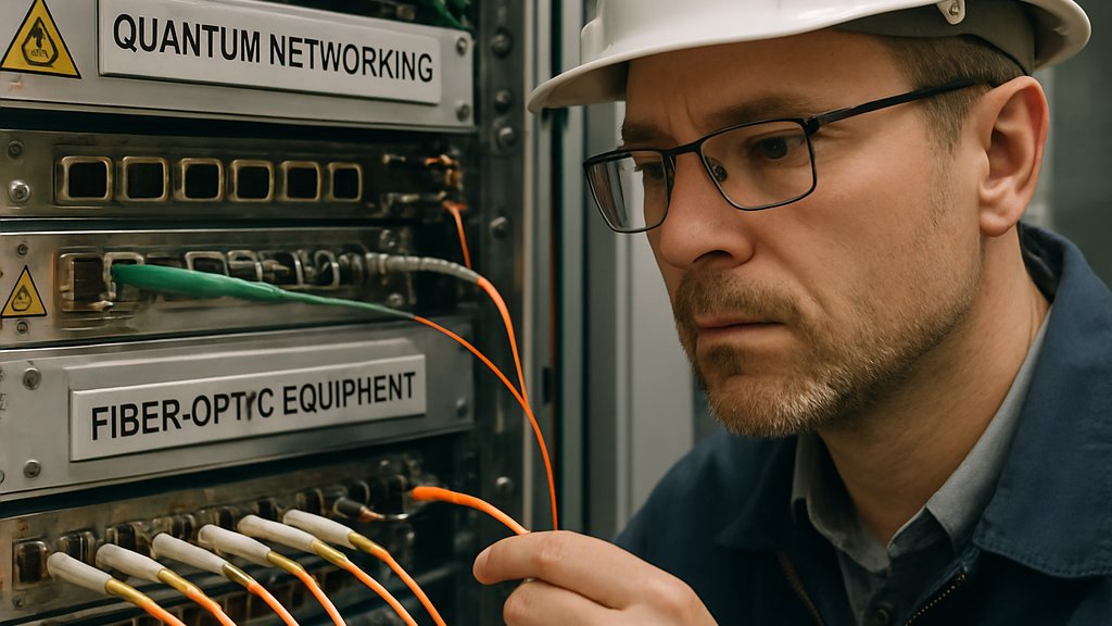 Quantum Network Security engineer inspecting quantum repeater hardware in a server room