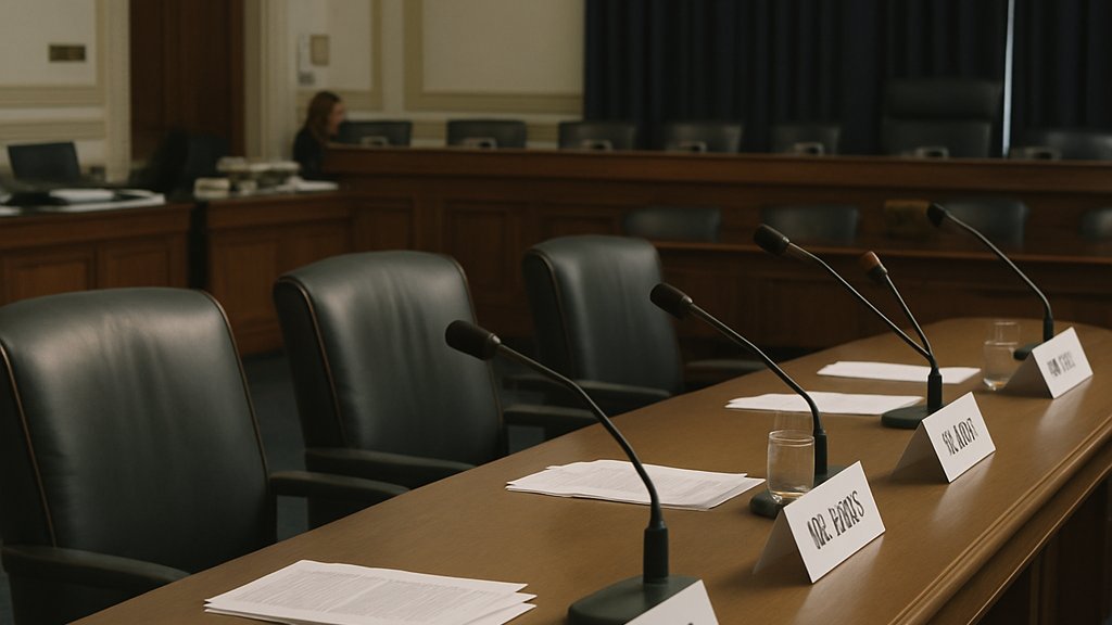 OpenAI Policy Debate hearing room with microphones and congressional setting
