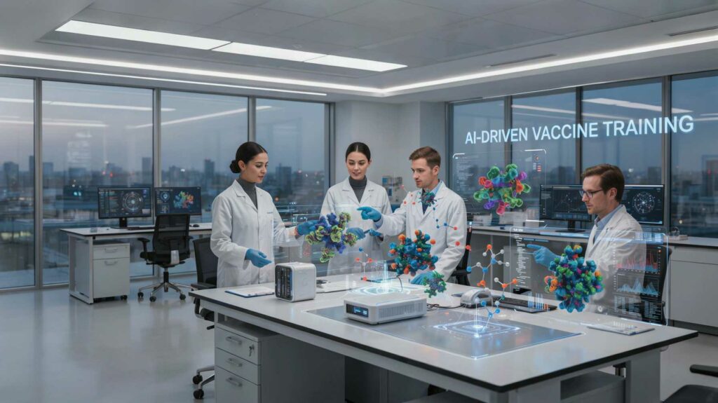 Scientists learning AI-Designed Vaccine Training in a biotech lab setting