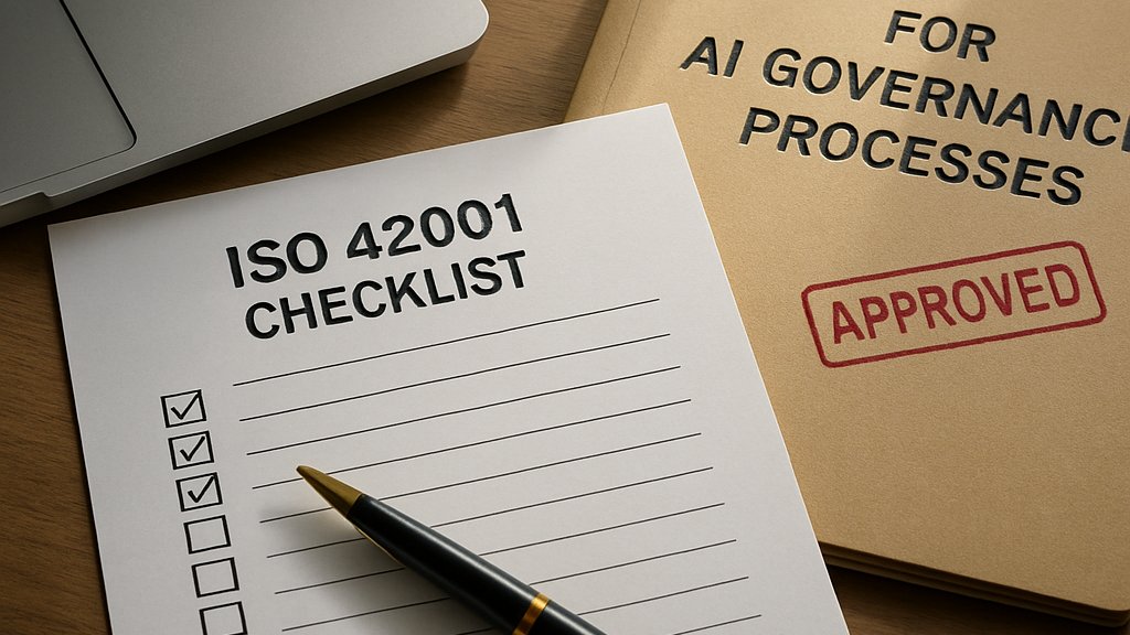 AI Governance Certification checklist and ISO 42001 compliance documents on desk