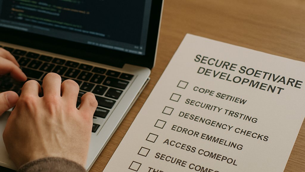 Hands typing during Secure Code Generation workflow with secure coding checklist