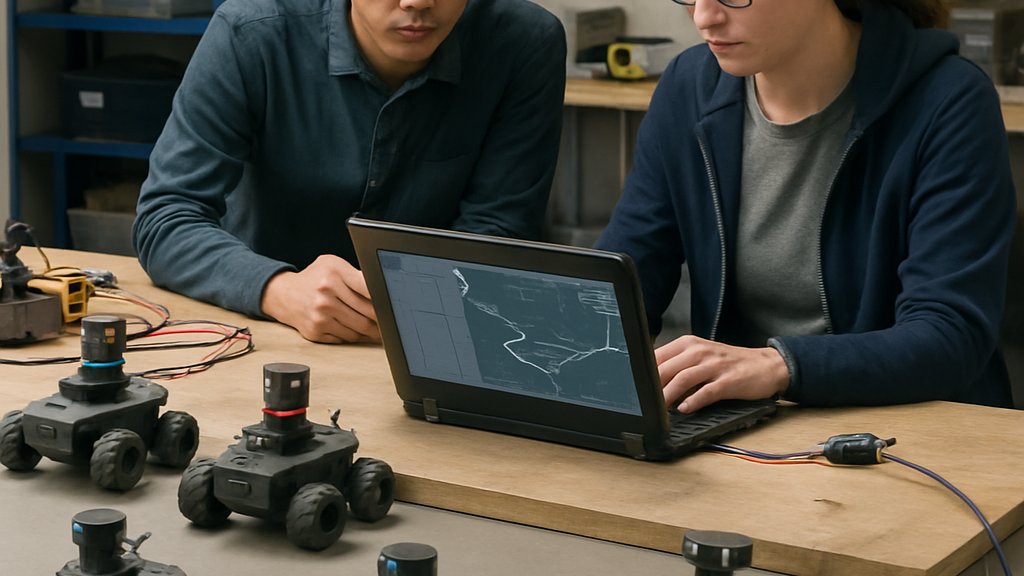 Swarm Robotics AI research lab with engineers and robot formation control