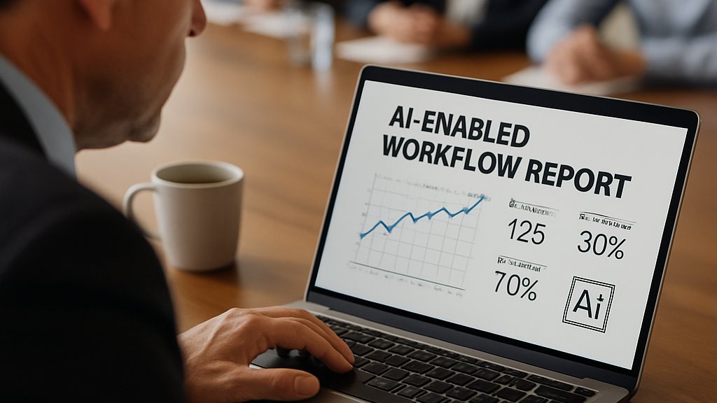 Manager reviewing AI workplace automation report in conference room