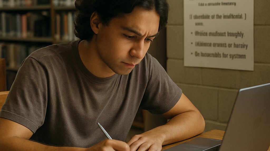 College library study scene and AI Academic Cheating prevention on campus