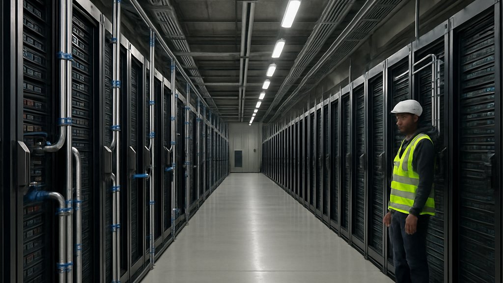 Interior of an AI Data Center with liquid cooling systems and server racks