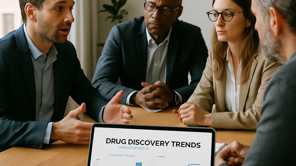 Investors discussing AI Drug Discovery market trends in office