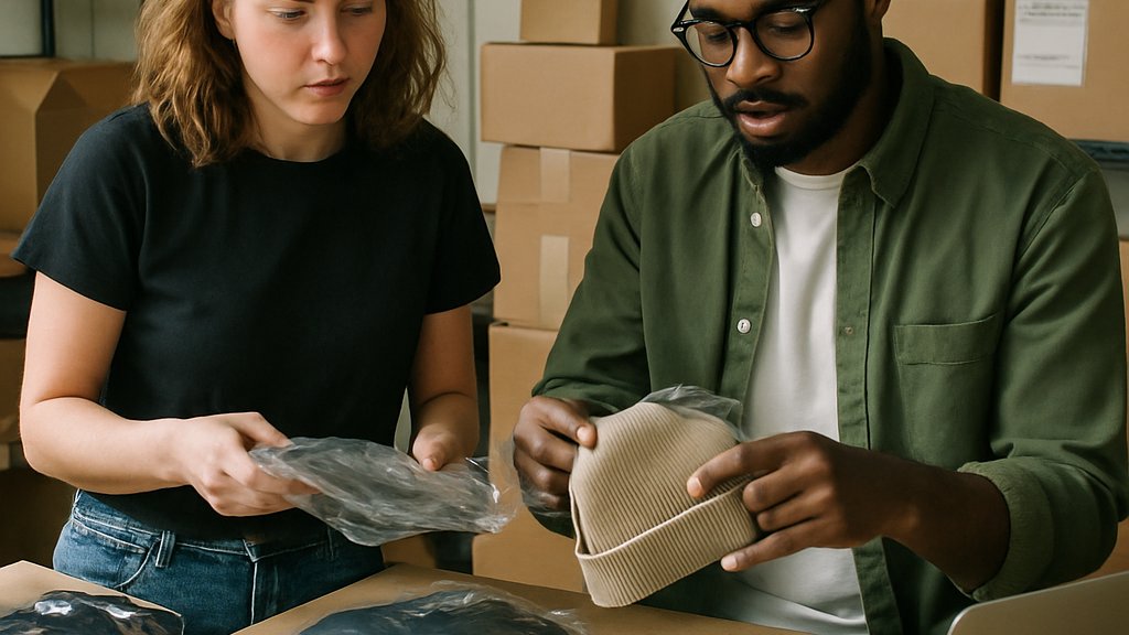 ChatGPT Merchandise team reviewing products in a warehouse workspace