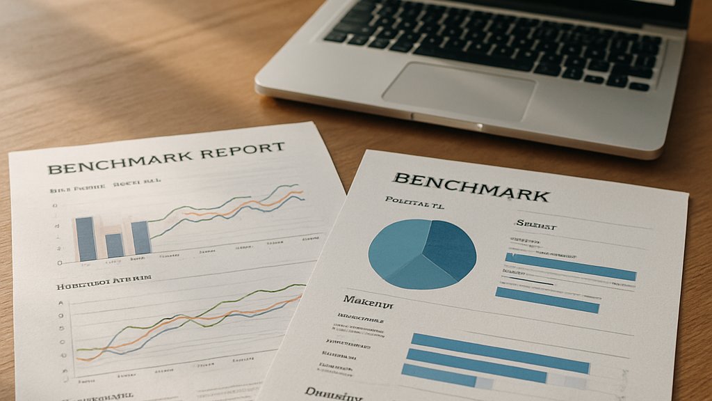 Printed charts highlighting AI Benchmark Standards and evaluation metrics