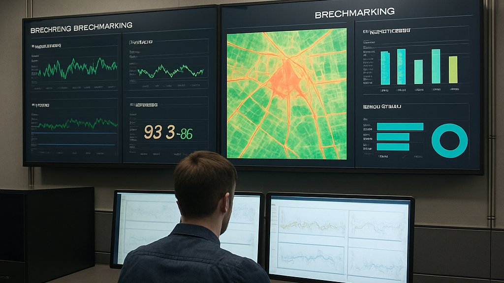 Telecom operations room displaying Channel Foundation Models wireless AI benchmark dashboards