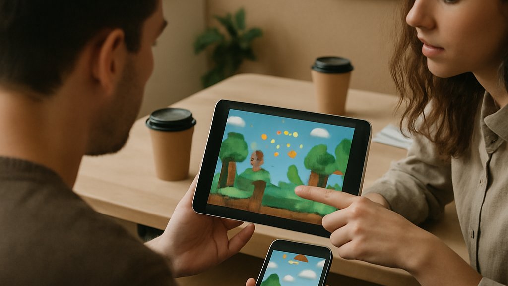 AI Game Creation team reviewing prototype on tablet and phone in studio