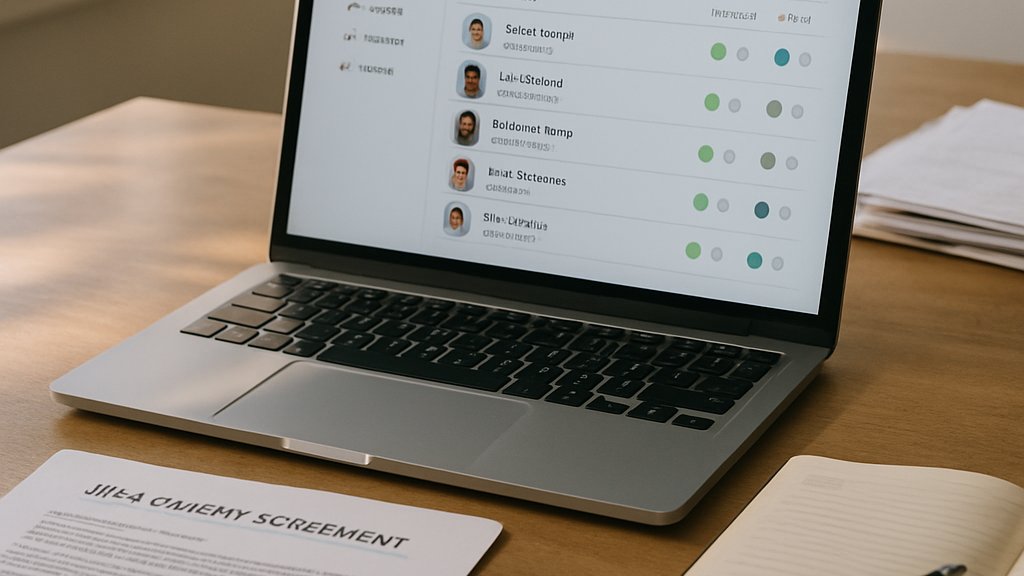 Recruiter desk with AI Hiring Compliance screening documents and laptop