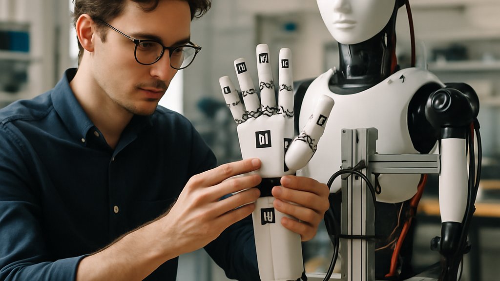 Humanoid Robotics Control engineer calibrating a humanoid robot hand