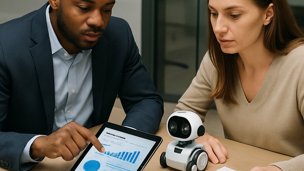 Home Robotics AI investment analysis with professionals reviewing robot market data