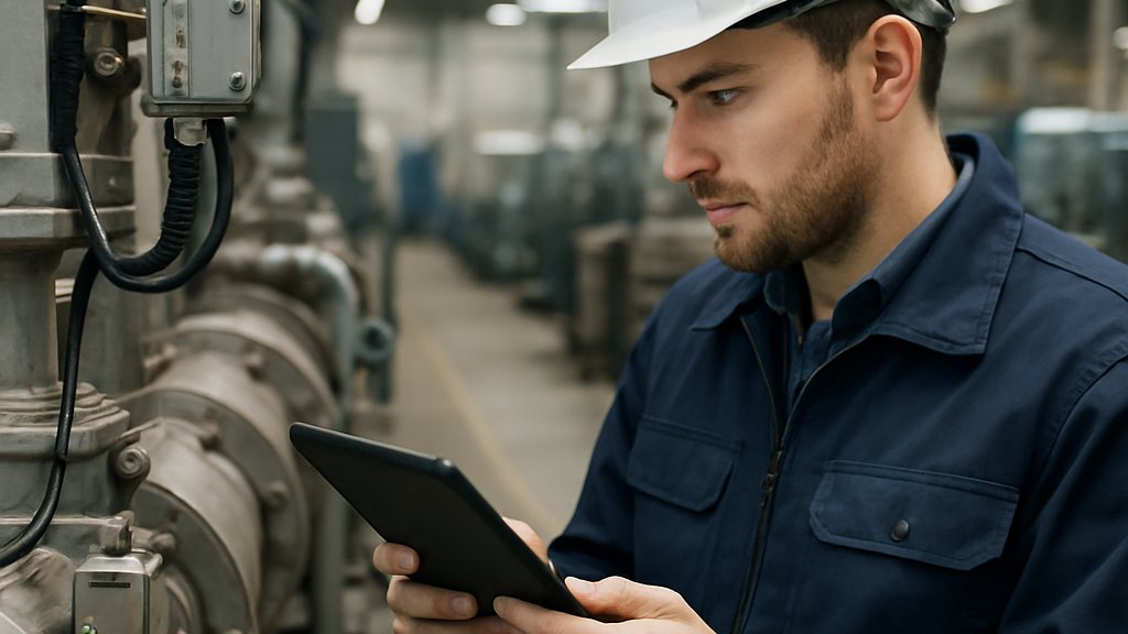 Technician uses Industrial Foundation Model insights on a tablet in a factory