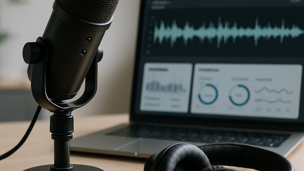 Podcast microphone and dashboard illustrate Voice AI Funding and speech tech