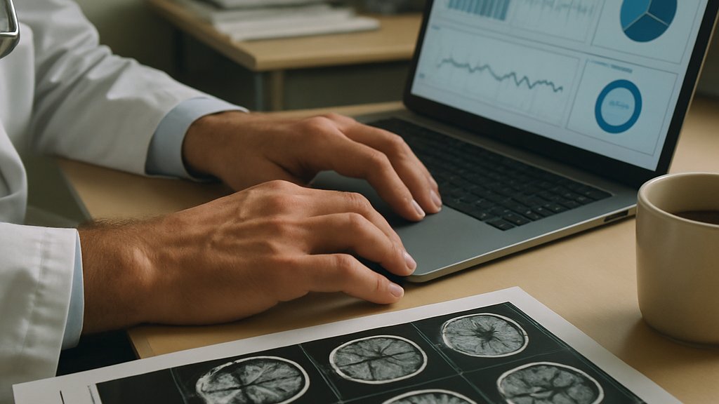 Survival Prediction AI analytics beside brain scan reports in clinic