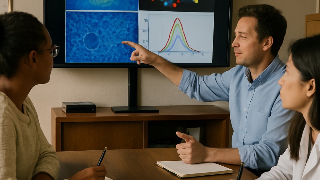 Team discussing Scientific Visualization Benchmark evaluation in meeting room