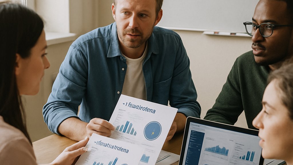 AI Verification Systems team discussion with evaluation charts in meeting room