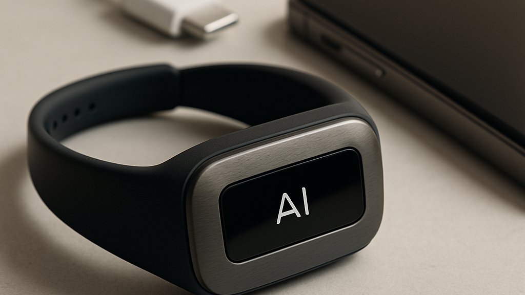 Sleek AI Agent Devices wearable product close-up on desk