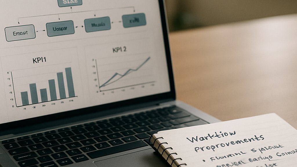 Process Optimization AI workflow map and KPI charts on operations desk
